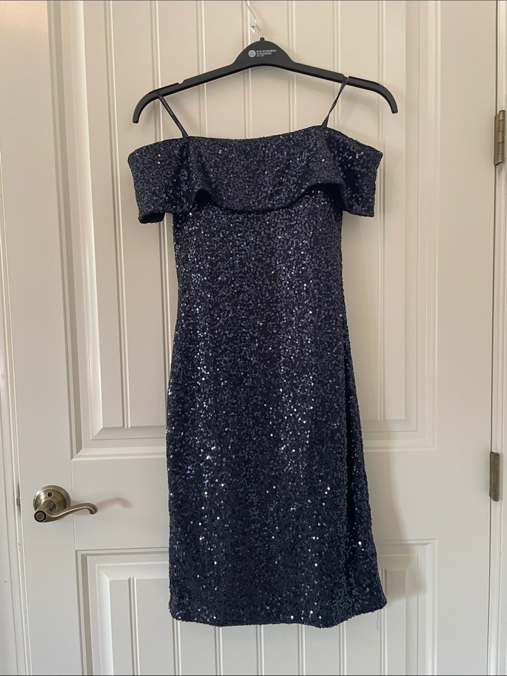Vince Camuto Navy Sequin Strapless Ruffle Dress